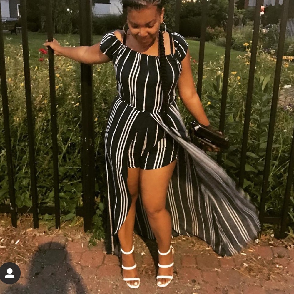 Navy and white striped shirt romper with skirt overlay